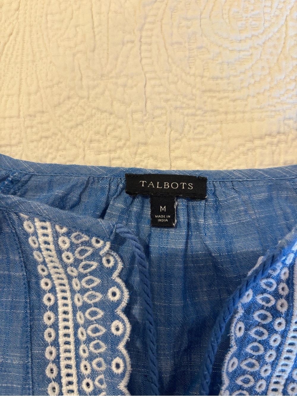 Talbots Blue Embroidered Tunic with Tassel Tie